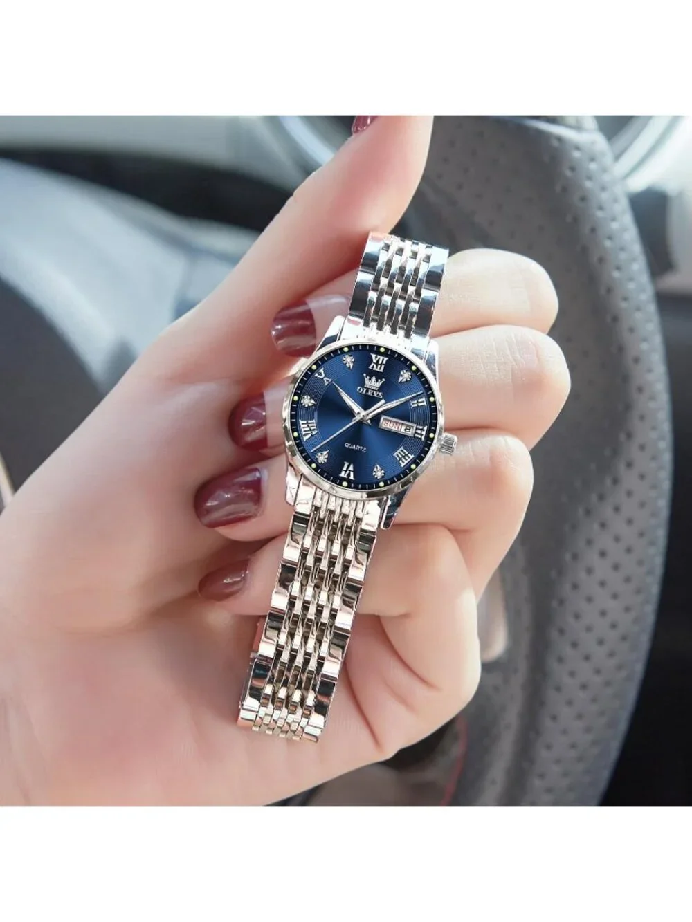 Women's Silver Blue Diamond Adjustable Strap Stainless Steel Luxury Wrist Watch